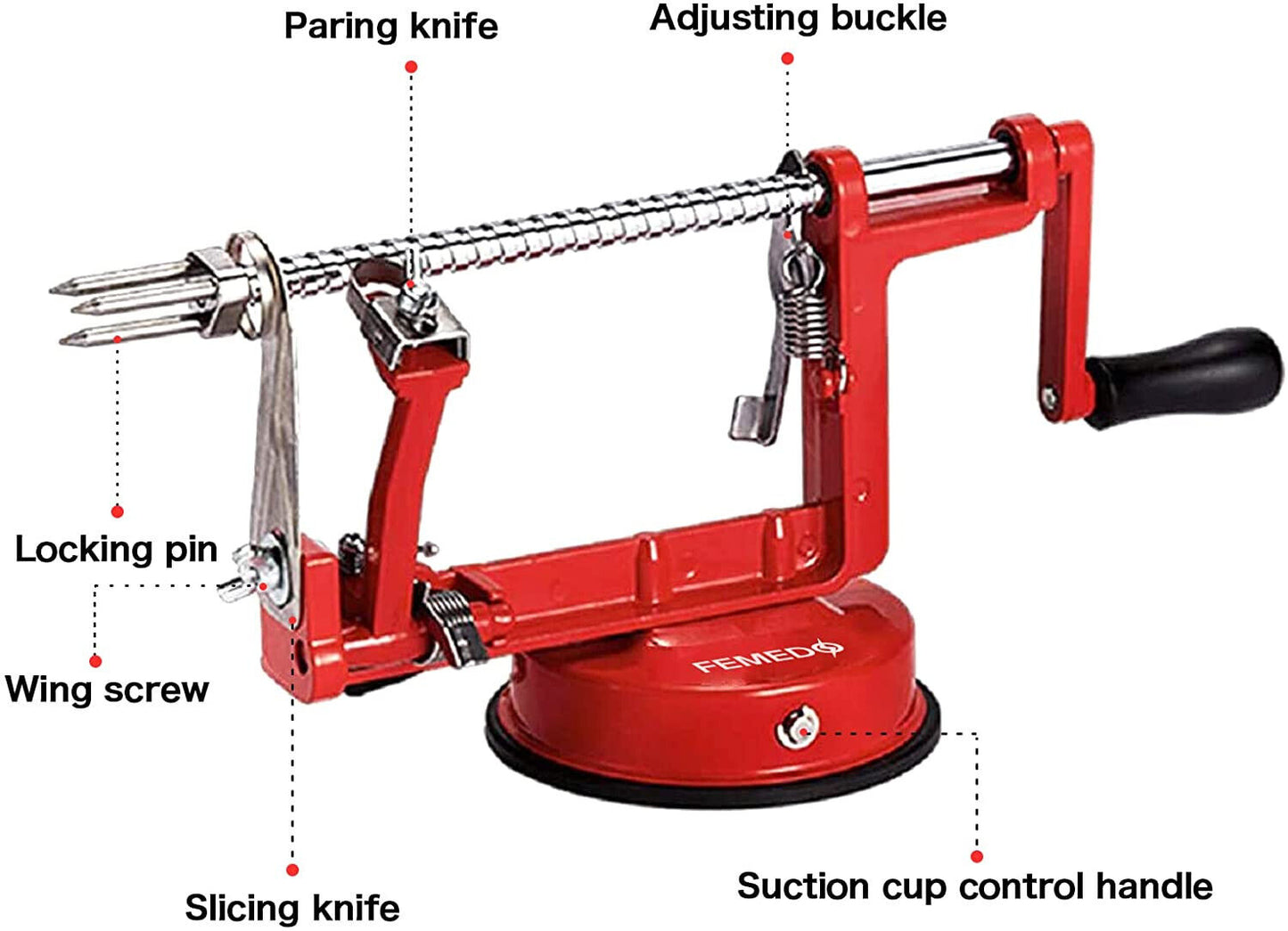 Apple Peeler Slicer Corer with Stainless Steel Blades and Suction Base Red