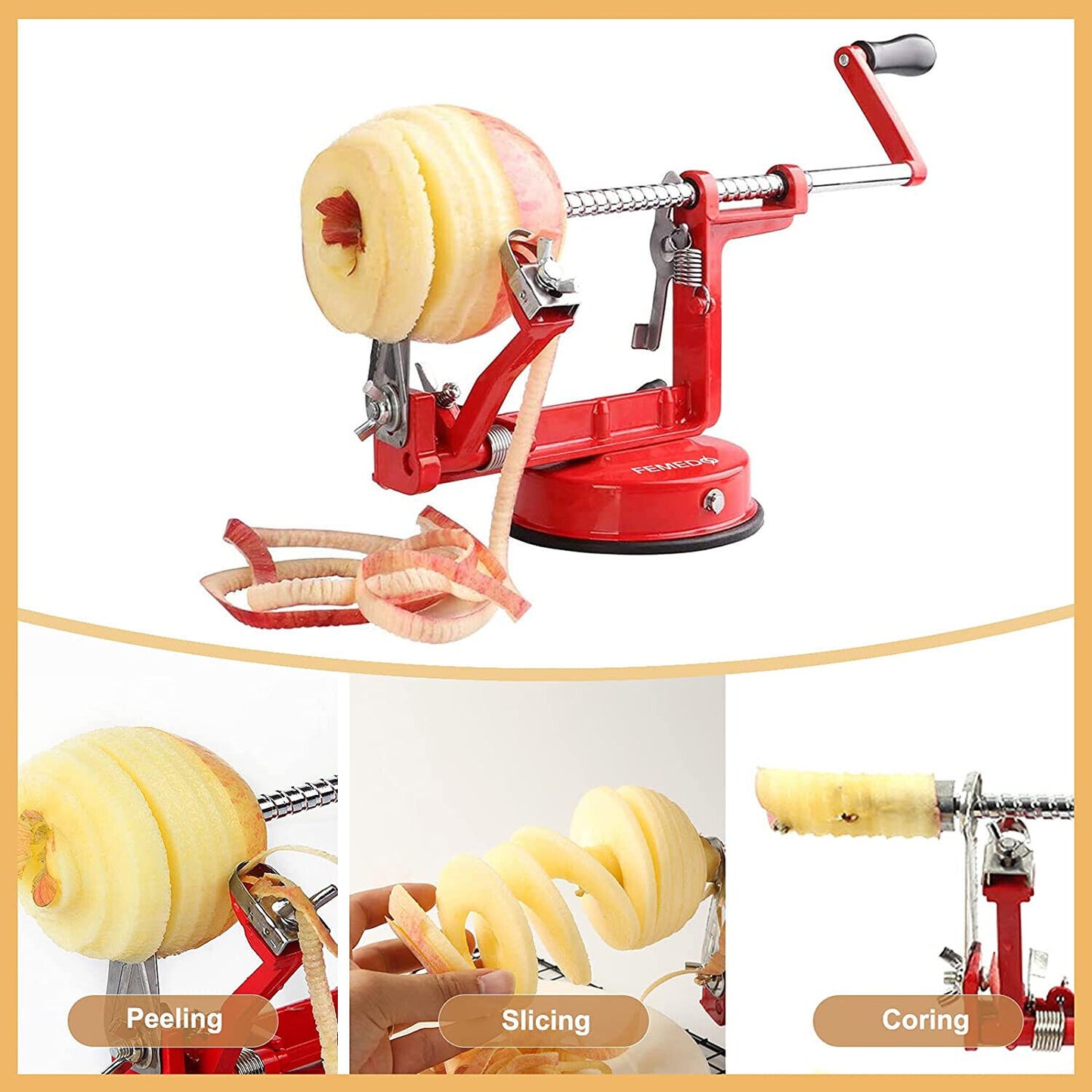 Apple Peeler Slicer Corer with Stainless Steel Blades and Suction Base Red