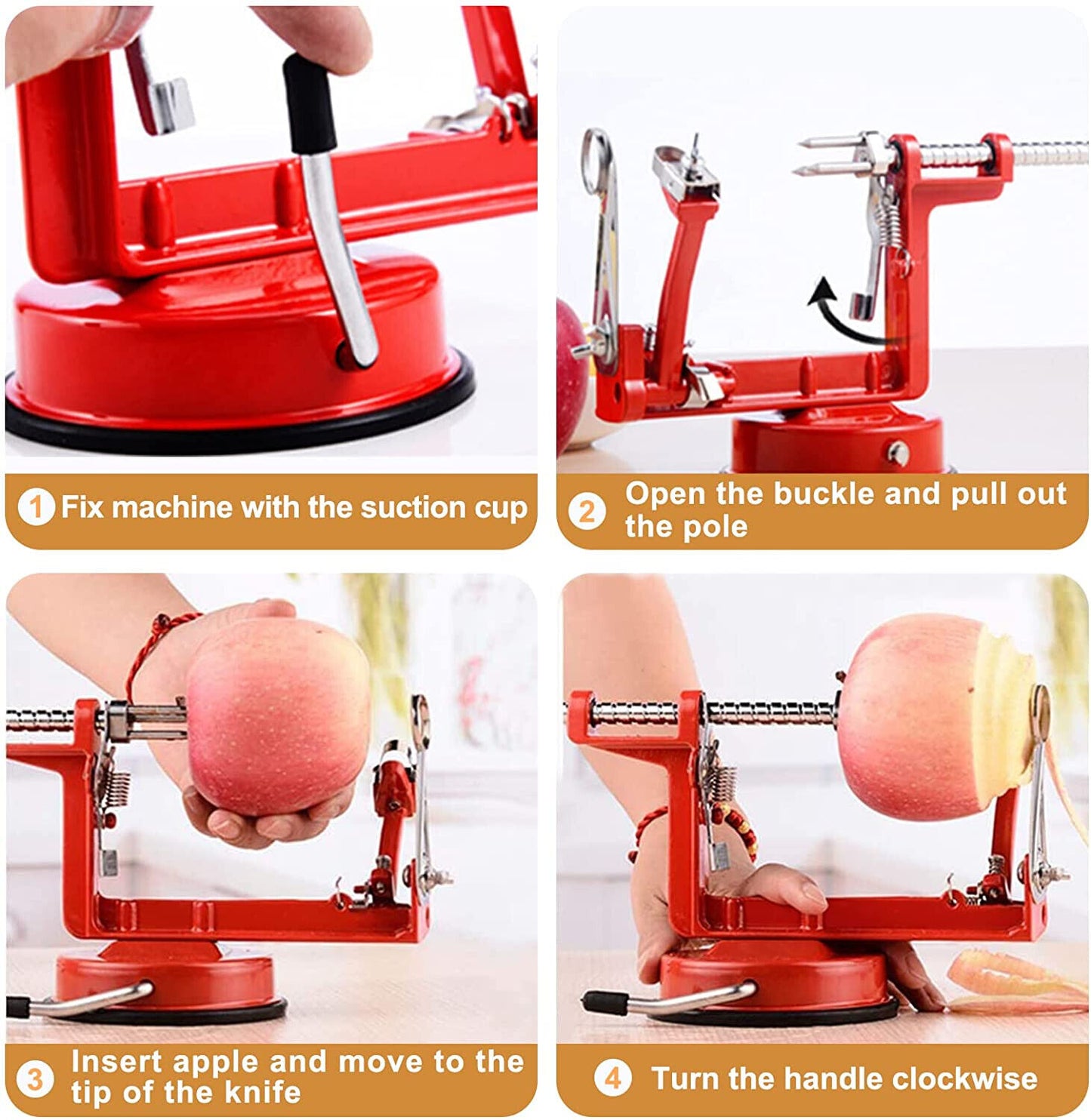 Apple Peeler Slicer Corer with Stainless Steel Blades and Suction Base Red