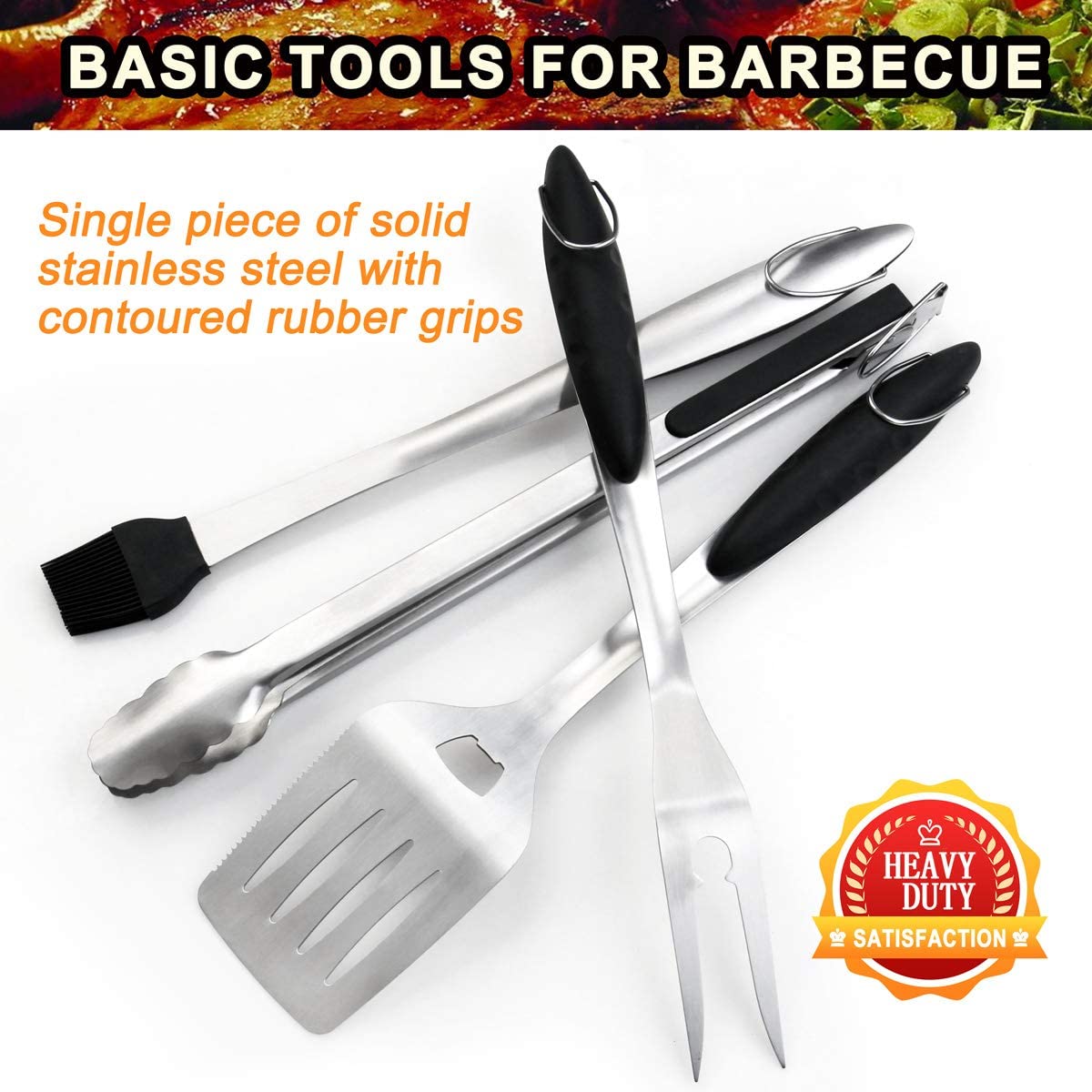 BBQ Tool Set 4pc Grill Accessories with Spatula, Fork, Brush & BBQ Tongs