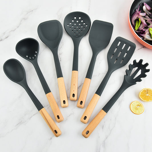 7 Piece Silcone Utensil with Wooden Handle