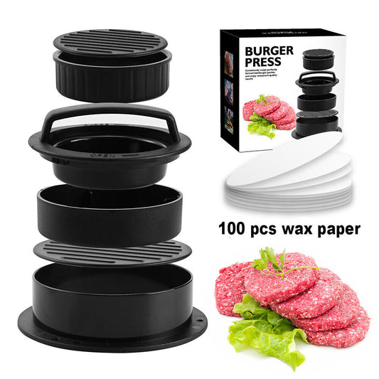 Burger Press 3 in 1 Patty Maker Stuffed Ring Mold Kit Non Stick w/ 100 pcs paper