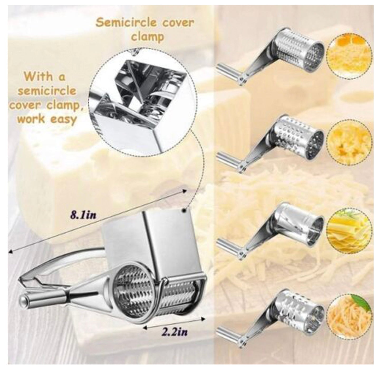 Cheese Grater Stainless Steel Vegetable Shredder Cutter Grinder 4 Drum Blades