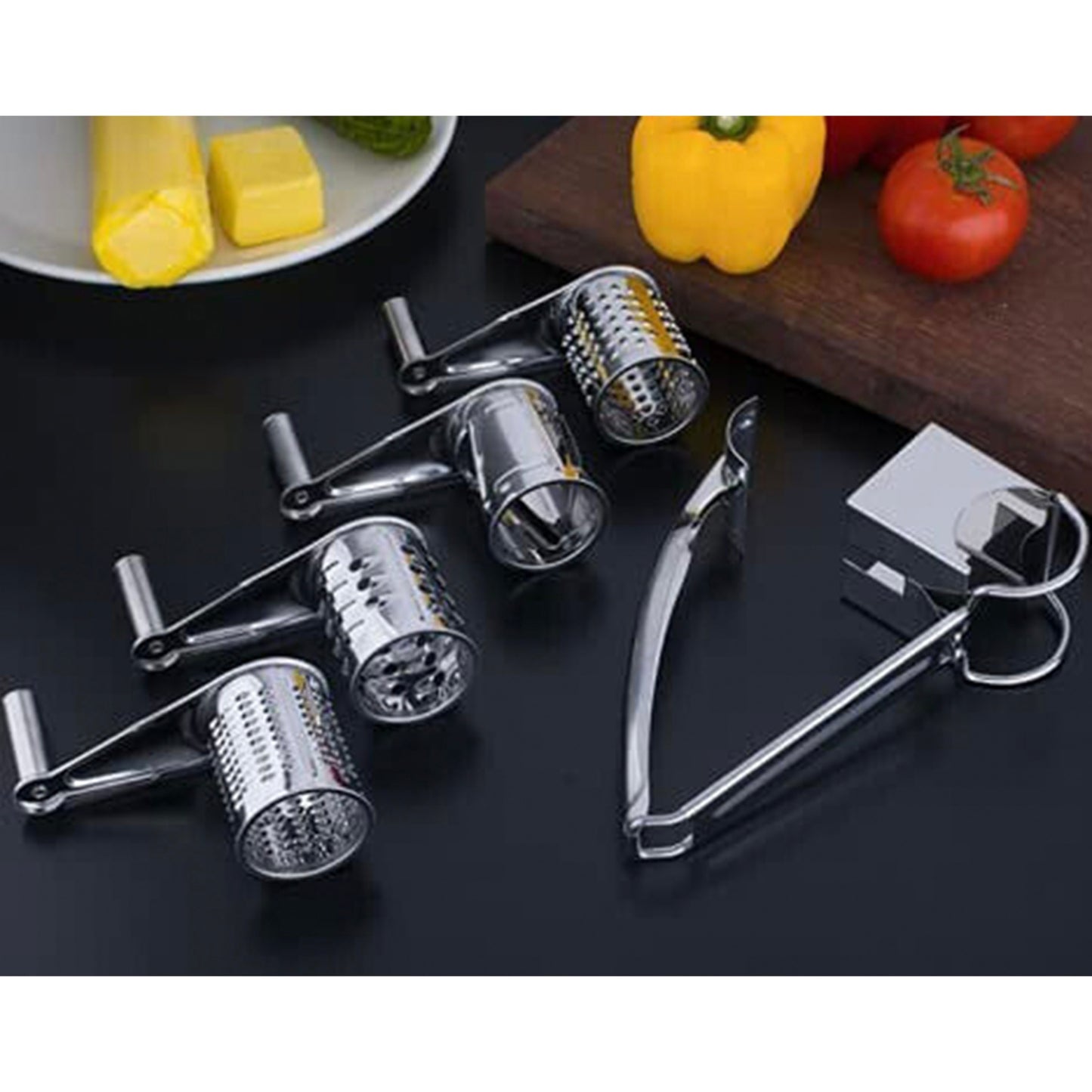 Cheese Grater Stainless Steel Vegetable Shredder Cutter Grinder 4 Drum Blades